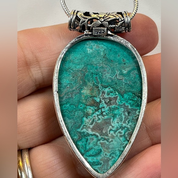 925 SILVER OVERLAY STATEMENT PENDANT MEXICAN LAGUNA LACE AGATE GEMSTONE - Picture 3 of 7